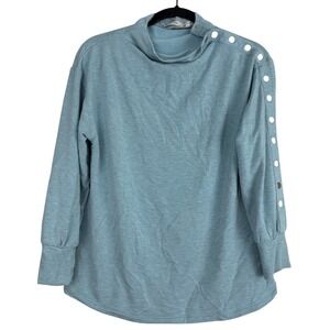 Soft Surroundings Teal Blue Funnel Neck Button Shoulder Top PXS 3EU69
